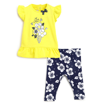 Girls Yellow and Blue Printed Outfit with Leggings